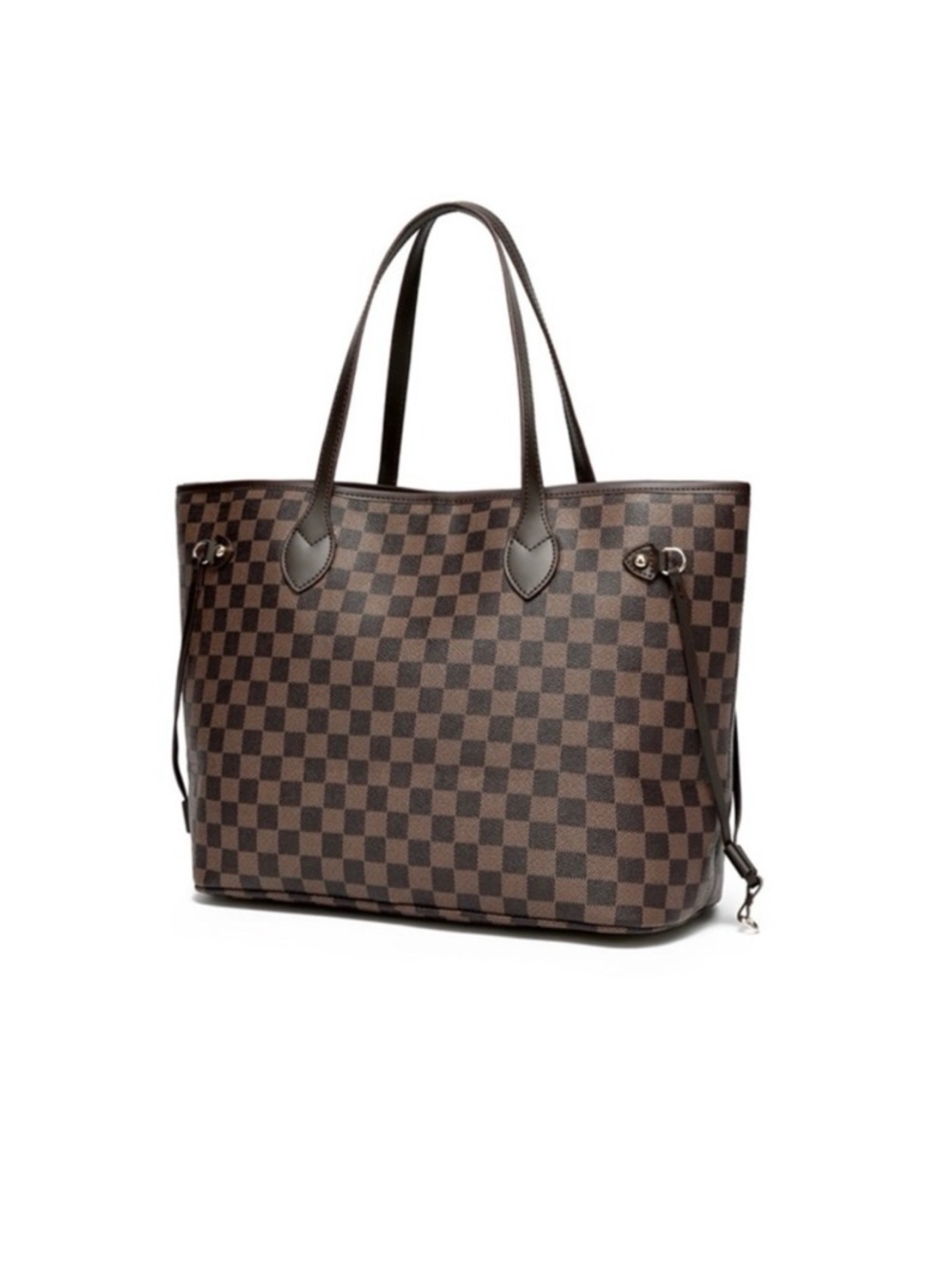 Brown Checkered Tote Handbag with Zippered Pouch - Picture 3 of 5